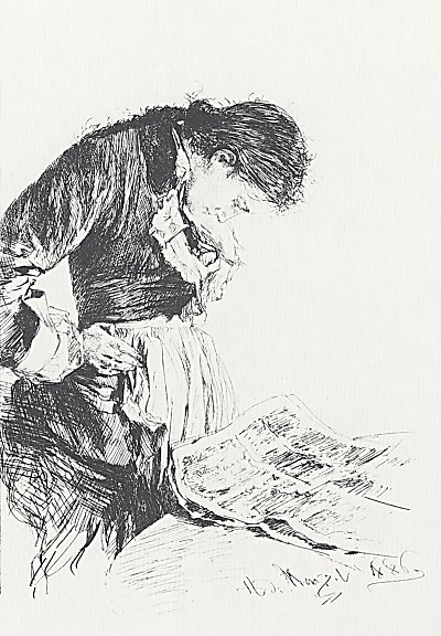 Die Zeitungsleserin von Adolf Menzel/Zeichnungen als Kunstdruck auf Leinwand