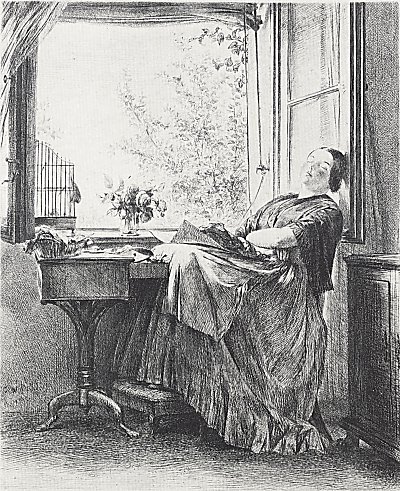 Die schlafende Naeherin am Fenster 1 von Adolf Menzel/Zeichnungen als Kunstdruck auf Leinwand