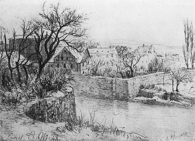 Dorf an einem Fluss in der Naehe von Kassel von Adolf Menzel/Zeichnungen als Kunstdruck auf Leinwand
