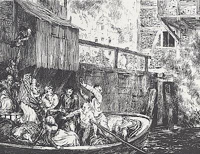 Feuersbrunst in einer Stadt von Adolf Menzel/Zeichnungen als Kunstdruck auf Leinwand