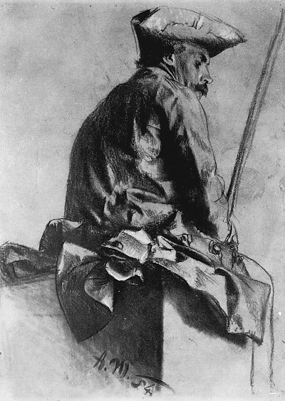 Studie zu Friedrich II auf Reisen von Adolf Menzel/Zeichnungen als Kunstdruck auf Leinwand