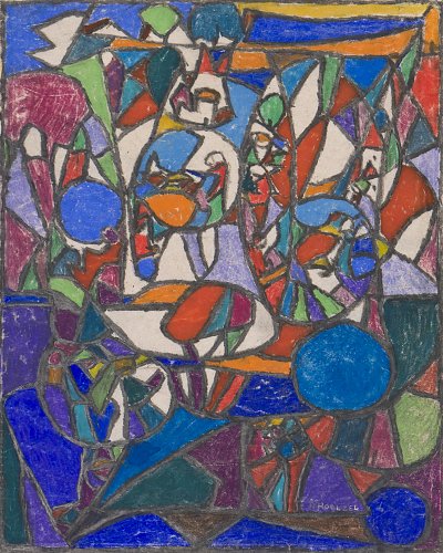 Komposition mit Figuren und Häusern von Adolf-Hoelzel als Kunstdruck auf Leinwand