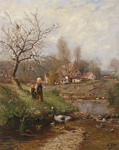 Frühlingslandschaft mit zwei Kindern und Gänsen von Adolf Lins als Kunstdruck auf Leinwand