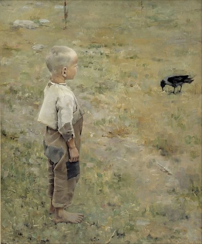 Knabe und Kraehe von Akseli Gallen Kallela als Kunstdruck auf Leinwand