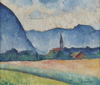 Landschaft mit Kirchturm von Alexander Kanoldt als Kunstdruck auf Leinwand