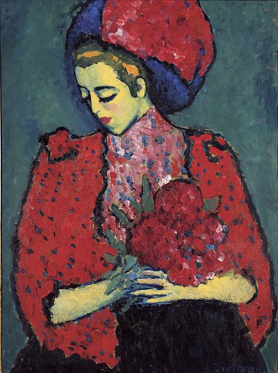 Junge Frau mit Paeonien von Alexej von Jawlensky als Kunstdruck auf Leinwand