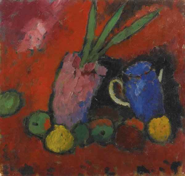 Kunstdruck Stilleben mit Hyazinthe blauem Krug und aepfeln von Alexej von Jawlensky als Leinwandbild