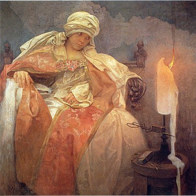 Woman with a Burning Candle von Alfons Mucha als Kunstdruck auf Leinwand