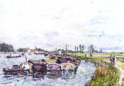 Frachtkaehne bei Saint Mammes von Alfred Sisley als Kunstdruck auf Leinwand