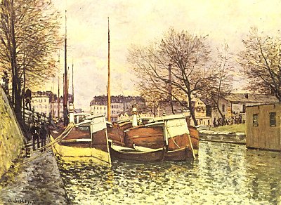 Kaehne auf dem Kanal Saint Martin Paris von Alfred Sisley als Kunstdruck auf Leinwand