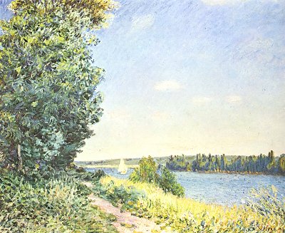Normandie Pfad am Wasser abends bei Sahurs von Alfred Sisley als Kunstdruck auf Leinwand