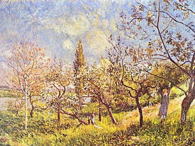Obstgarten im Fruehling von Alfred Sisley als Kunstdruck auf Leinwand