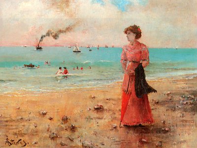 Junge Frau mit rotem Regenschirm am Meer von Alfred Stevens als Kunstdruck auf Leinwand
