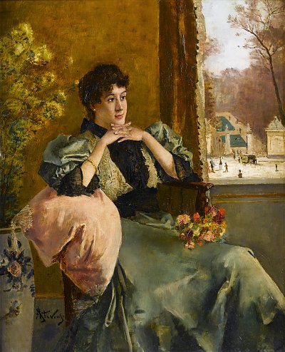 Nachdenkliche Frau am Fenster von Alfred Stevens als Kunstdruck auf Leinwand