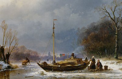 A Wintry Scene with Figures Near A Boat On The Ice von Andreas Schelfhout als Kunstdruck auf Leinwand
