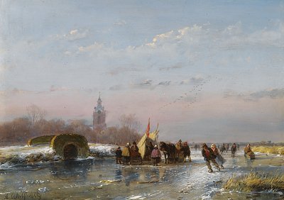 A frozen waterway with skaters by a refreshmentstall von Andreas Schelfhout als Kunstdruck auf Leinwand