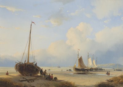 Fischervolk with beached vessels von Andreas Schelfhout als Kunstdruck auf Leinwand