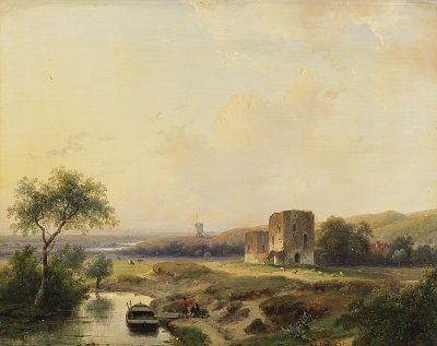Rivierenlandschap bij Haarlem met windmolen en de ruine van Brederode von Andreas Schelfhout als Kunstdruck auf Leinwand
