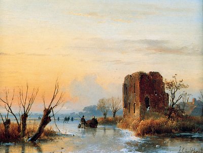 Ruin in winter landscape von Andreas Schelfhout als Kunstdruck auf Leinwand