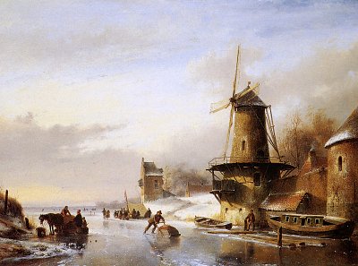 Scaters frozen river mill Sun von Andreas Schelfhout als Kunstdruck auf Leinwand