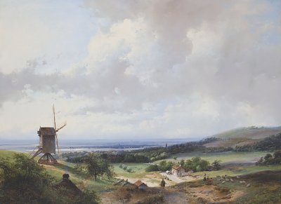 Shepherds and a horseman by a mill von Andreas Schelfhout als Kunstdruck auf Leinwand