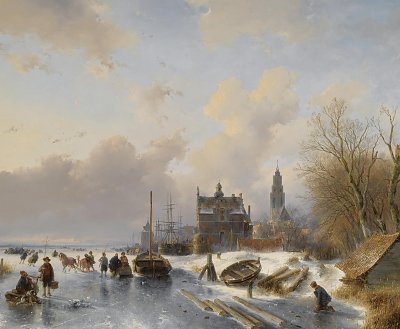 Skaters on a frozen river near a dutch town von Andreas Schelfhout als Kunstdruck auf Leinwand