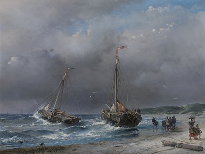 Unloading the catch von Andreas Schelfhout als Kunstdruck auf Leinwand