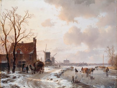 Winter landscape with horses on the ice von Andreas Schelfhout als Kunstdruck auf Leinwand