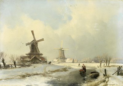 Winterlandschap met twee windmolens von Andreas Schelfhout als Kunstdruck auf Leinwand