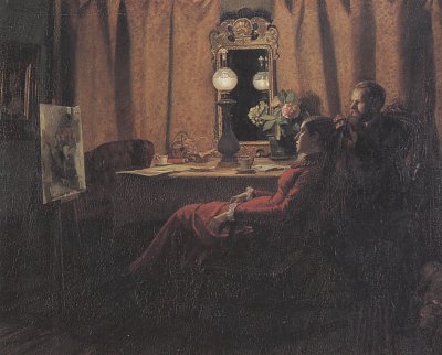Anna Ancher und Michael Ancher beim betrachten des Tagewerks von Anna Ancher als Kunstdruck auf Leinwand
