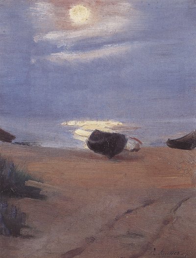 Boote im Mondschein am Suedstrand von Anna Ancher als Kunstdruck auf Leinwand