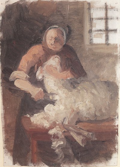 Frau bei der Schafschur von Anna Ancher als Kunstdruck auf Leinwand