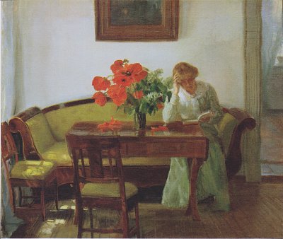 Interior with poppies and reading woman von Anna Ancher als Kunstdruck auf Leinwand