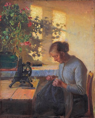 Naehendes Fischermaedchen von Anna Ancher als Kunstdruck auf Leinwand