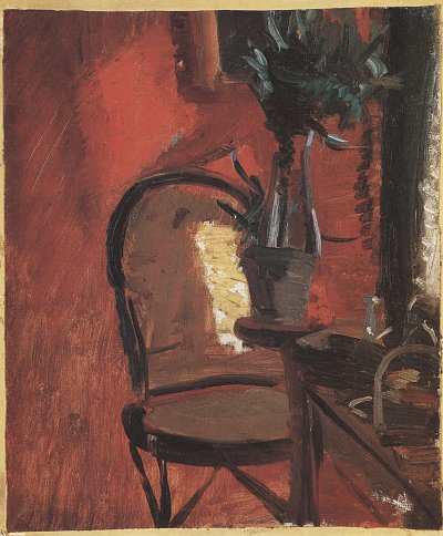 Stuhl mit Pflanze vor roter Wand von Anna Ancher als Kunstdruck auf Leinwand