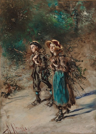 Children with brushwood von Anton Romako als Kunstdruck auf Leinwand