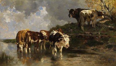 Rinder an der Tränke von Anton Braith als Kunstdruck auf Leinwand