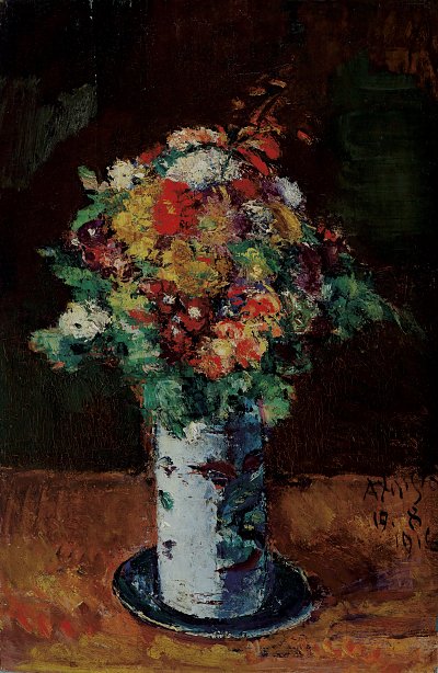 Blumenstrauß in Walzenkrug auf Teller von Anton Faistauer als Kunstdruck auf Leinwand