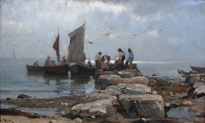 Anlandende Fischer von Antonie Biel als Kunstdruck auf Leinwand