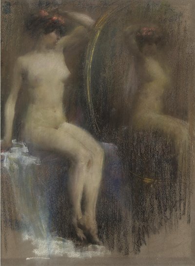Amelia allo specchio von Antonio Mancini als Kunstdruck auf Leinwand