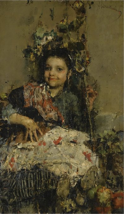 Una ragazza von Antonio Mancini als Kunstdruck auf Leinwand