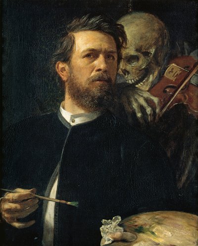 Selbstbildnis mit fiedelndem Tod von Arnold Boecklin als Kunstdruck auf Leinwand