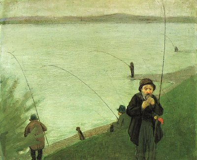 Angler am Rhein - Kunstdruck auf Leinwand