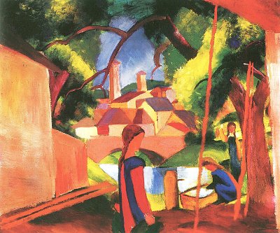 Kinder am Brunnen mit Stadt im Hintergrund von August Macke als Kunstdruck auf Leinwand