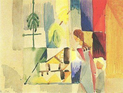 Kinder am Gemueseladen 2 von August Macke als Kunstdruck auf Leinwand