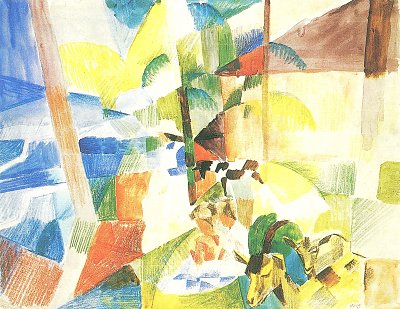 Landschaft mit Kindern und Ziegen von August Macke als Kunstdruck auf Leinwand