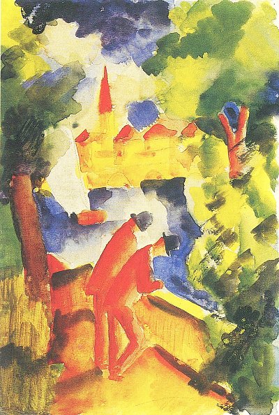 Maenner auf der Terrasse am See von August Macke als Kunstdruck auf Leinwand