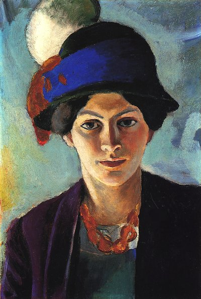 Portrait der Frau des Kuenstlers mit Hut von August Macke als Kunstdruck auf Leinwand