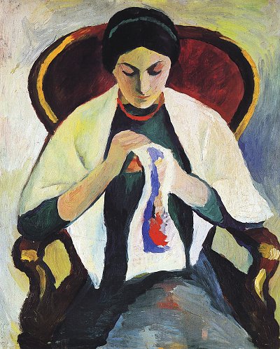 Stickende Frau auf Sessel Frau des Kuenstlers von August Macke als Kunstdruck auf Leinwand