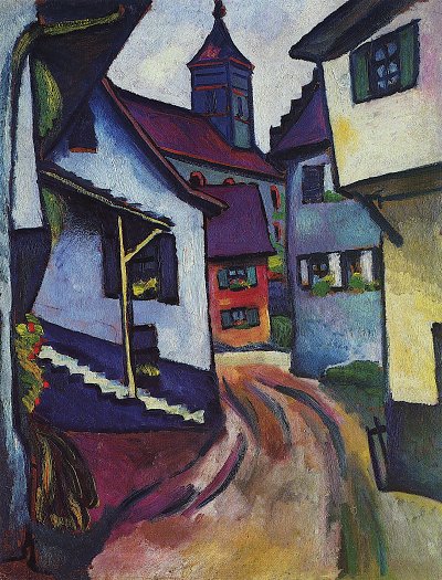 Strasse mit Kirche in Kadern von August Macke als Kunstdruck auf Leinwand